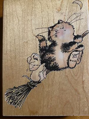 Penny Black Wood Rubber Stamp Margaret Sherry Halloween Ride 1527K Cat Mouse • $22.95