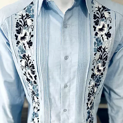 Mens Mexican Guayabera Shirt Light Blue Linen Long Sleeve Flower Embroidery • $65