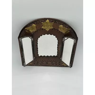 Mexico Punched Tin Copper Finish Mirror Hinged Door Shutters Stars Birds Flowers • $60