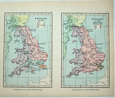 Vintage Longmans Map Of England In The Years 584 And 626 AD • $15