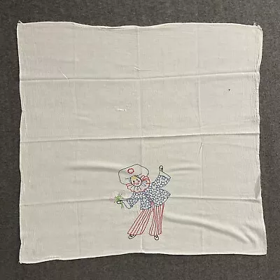 Vtg Embroidered Dish Tea Towel Napkin Hand Stitched Clown Red White Blue Floral • $9.99