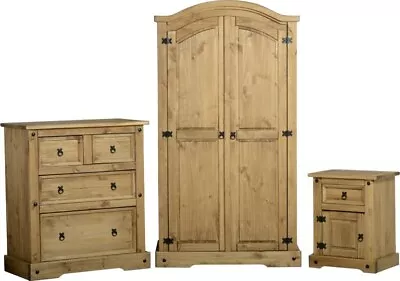 Corona Trio 3 Piece Bedroom Set Bedside Chest Wardrobe Distressed Waxed Pine • £437.69