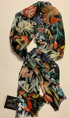 NWT ECHO Tropical 100% Silk Scarf 10  X 58  Floral Print Black/Multi Gift • $19