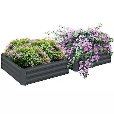 Outsunny Set Of 2 Raised Garden Bed Galvanised Planter Box Easy Setup Dark Grey • £49.99