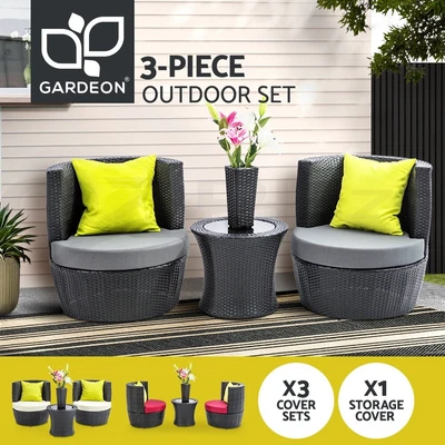 $485.95 • Buy Gardeon 3 Piece Outdoor Lounge Setting Furniture Wicker Chair Table Garden Patio