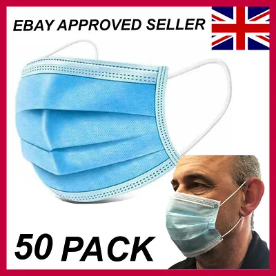 50 Pack Non Surgical Medical Face Masks Protection PPE 3 Ply Disposable • £14.95