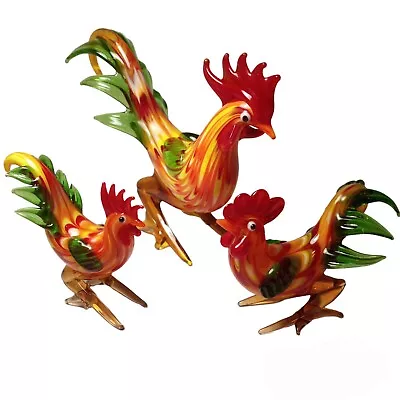 3 Roosters Murano Style Hand Blown Art Glass Figurine Chicken • $33.25