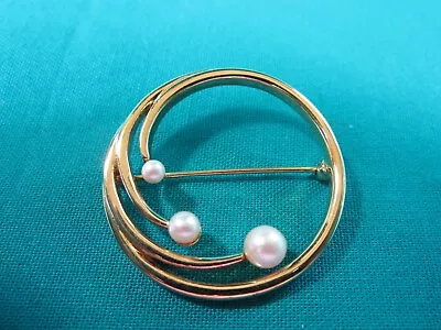 Brooch Pin - Signed Monet - Wreath Bouquet Swirl - Faux Pearls - Gold Tone • $3.55