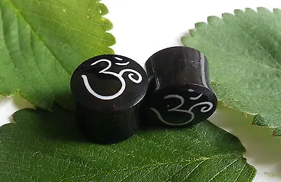 1 Pair Organic Hand Carved Hindu OHM Sanskrit OM Bone Inlay Horn Ear Plug Gauges • $19.99