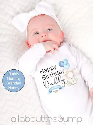 Happy 1st Birthday Daddy Blue Elephant | Babygrow/Vest Bib Hat • £8.99