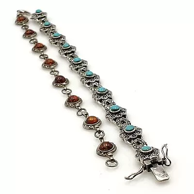 925 Silver Resin Amber Marcasite Tennis Bracelet 8in Cabochon Lot 31.54g • $16.02