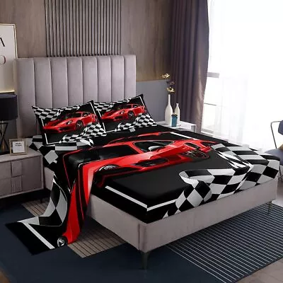 Red Race Car Sheet Set Queen Black And White Grid Bedding Set For Kids Teens ... • $66.69