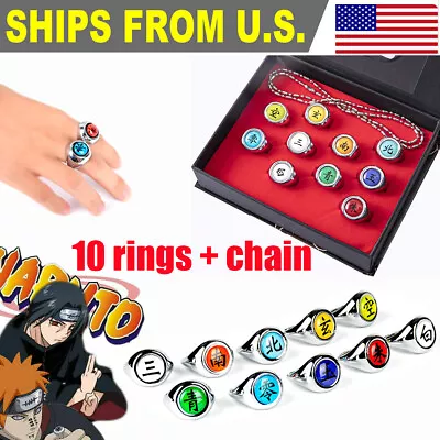 $9.58 • Buy 10 Pcs Naruto Rings Set NARUTO Akatsuki Member's Cosplay Ring In Box | W/Chain