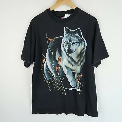 VINTAGE 90'S Graphic Wildlife Wolf Native American T-shirt SZ M (E8825) • £13.95