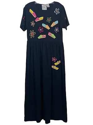 Michael Simon Vintage Size Small Espadrille Embroidered Black 80's Dress • $28