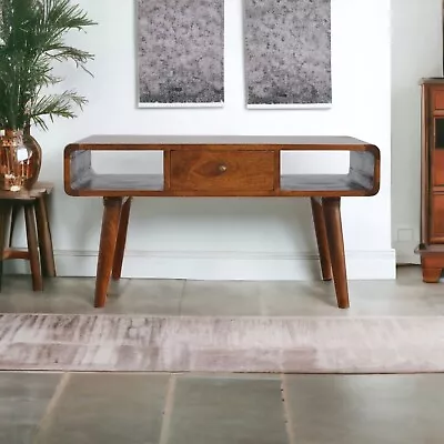 Curved Mid Century Modern Coffee Table With Drawers Chestnut Mango Wood • $319.99