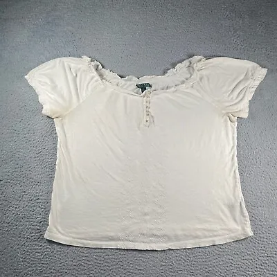 Lauren Ralph Lauren T Shirt Womens XL White Henley Sabrina Neck Ruffle Coastal • £9.80