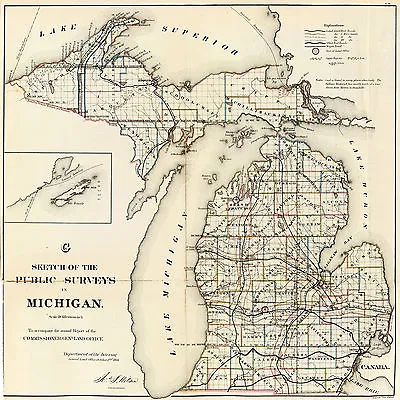 1866 Michigan Public Survey Map Wall Art Poster Print Decor Vintage History • $21.95