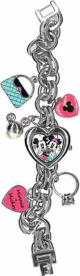 Disney Mickey And Minnie Mouse Women Stainless Steel Charm Bracelet Watch MN2054 • $22.95