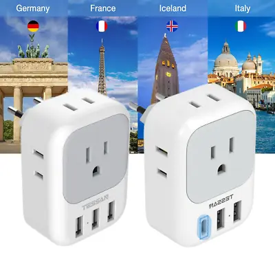 Power Plug Adapter With 4 Outlet 3USB For US Travel To Spain Italy Greece Europe • $15.99
