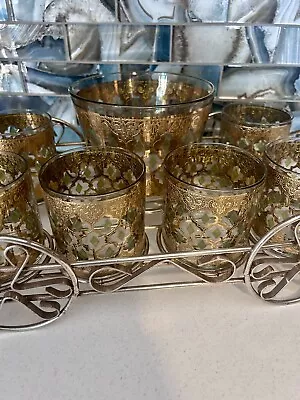 VTG Culver Valencia Low Ball Glass Barware Set 22kt Gold Green Diamonds & Caddy • $260