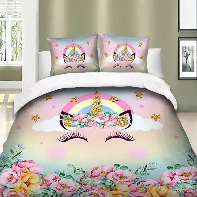 $28.50 • Buy Floral Unicorn Quilt Duvet Doona Cover Set Single Double Queen Size Eye Bedding