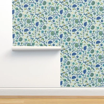 £9.89 • Buy Wallpaper Roll Indian Floral Green Emerald Sapphire Blue Flowers 24in X 27ft