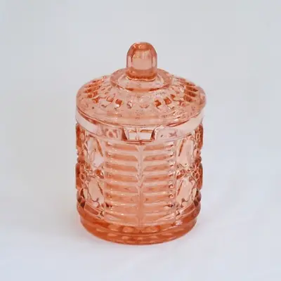 Indiana Glass Jelly Jam Jar Dish Windsor Pink Peach Button Cane Lid Vintage • $18.99