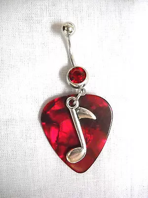 New Deep Red Guitar Pick & Silver Single Music Note Charm On Red Cz Belly Ring • $5.99