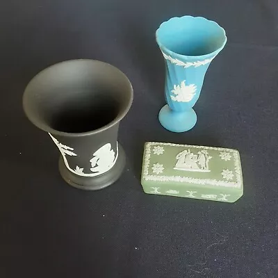 £7.99 • Buy 3 Pieces Wedgwood Jasper Ware Black Green Vases Trinket Box No Damage Excellent