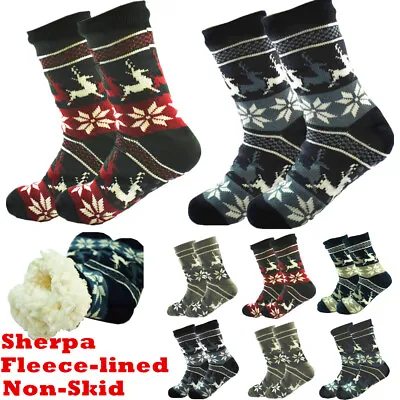 Mens Deer Thick Sherpa Fleece Lined Cozy Fuzzy Knit Non-Skid Slipper Socks LOT • $19.99