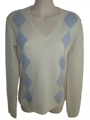 Ginger 100% Cashmere Cream Blue Diamond V-neck Sweater M May Fit Small XS • $19.95