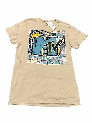 MTV Women Small Top Beige T-Shirt Logo Music Television Short Sleeve Tee Shirt • £5.78