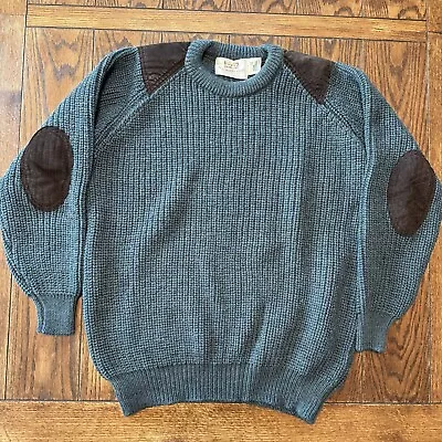 Aran Sweater Market 100% Wool Irish Fisherman Knit Elbow Patches Size XL Blue • $64.95