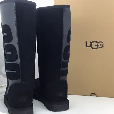 NIB UGG Classic Tall UGG Rubber LOGO Suede Sheepskin Black Boots 11 US NEW EU 42 • $125