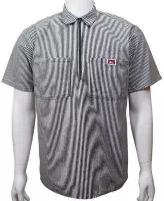 Ben Davis Shirt Mens M Green White 1/2 Zip Striped Work Short Sleeve Pockets USA • $39.99
