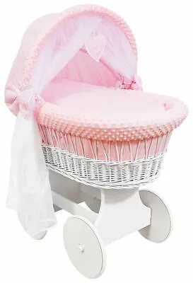 £189.99 • Buy White Wicker Wheels Crib/baby Moses Basket + Complete Bedding Pink/dimple