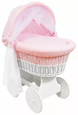 £189.99 • Buy White Wicker Wheels Crib/baby Moses Basket + Complete Bedding Pink/dimple