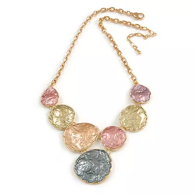 V-Shape Pastel Multi Matte Enamel Beaten/ Hammered Disc Necklace In Gold Tone - • £20.70