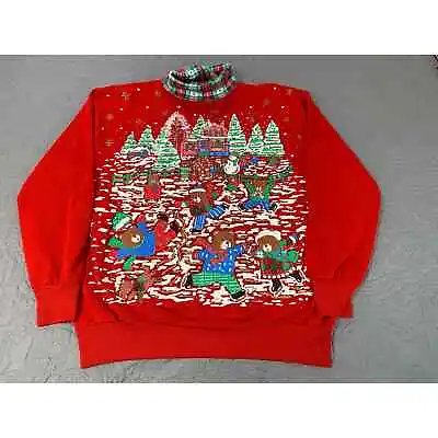 Vintage Holiday Christmas Sweater Bear Womens Large Red Snow Collared Winter • $14.25