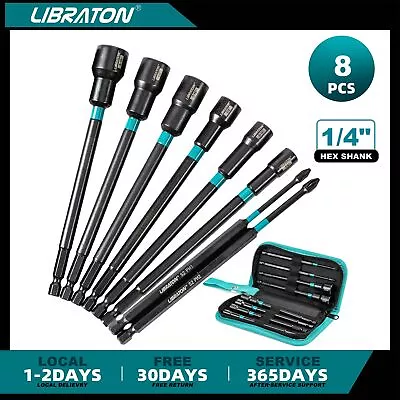 Libraton 8 PCS 6 Inch Long Power Bits Magnetic Nut Driver Set 1/4  Hex Shank SAE • $23.99