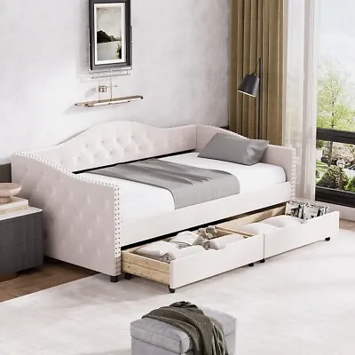 Modern Beige Upholstered Button Tufted Twin Size Day Bed With 2 Storage Drawers • $339.88