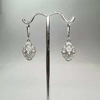 VINTAGE Preloved 14K White Gold & Diamonds Millgrained Drop Earrings  • $104.15