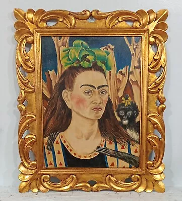 Amazing Frida Kahlo Oil On Canvas Dated 1945  With Frame In Golden Leaf Nice • $800