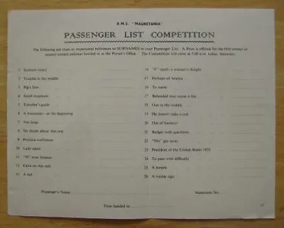 MAURETANIA (Cunard) Passenger List Competition • $15