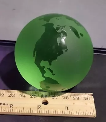 Frosted Green World Globe Round Earth Glass Paperweight Figurine Vintage Terra • $15