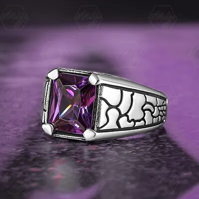 925 Sterling Silver Rectangle Shape Purple Amethyst Turkish Men's Ring • $39.90