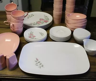 54 Pc Set Prolon Ware Melmac Dishes Pink With Roses Excellent Condition VTG MCM • $94.76