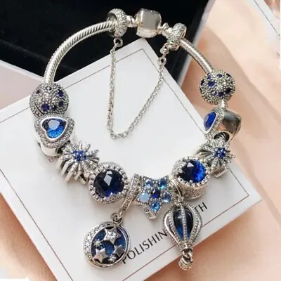 Silver Snake Chain Bracelet With Blue Night Sky Star Moon Hot Air Balloon Charm  • $18.99