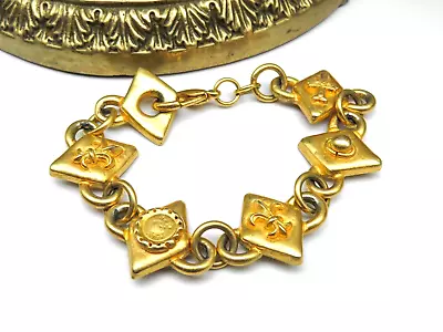 Vintage Signed Cyclope French Fleur-De-Lis Cross Etruscan Link Bracelet C70 • $33.99